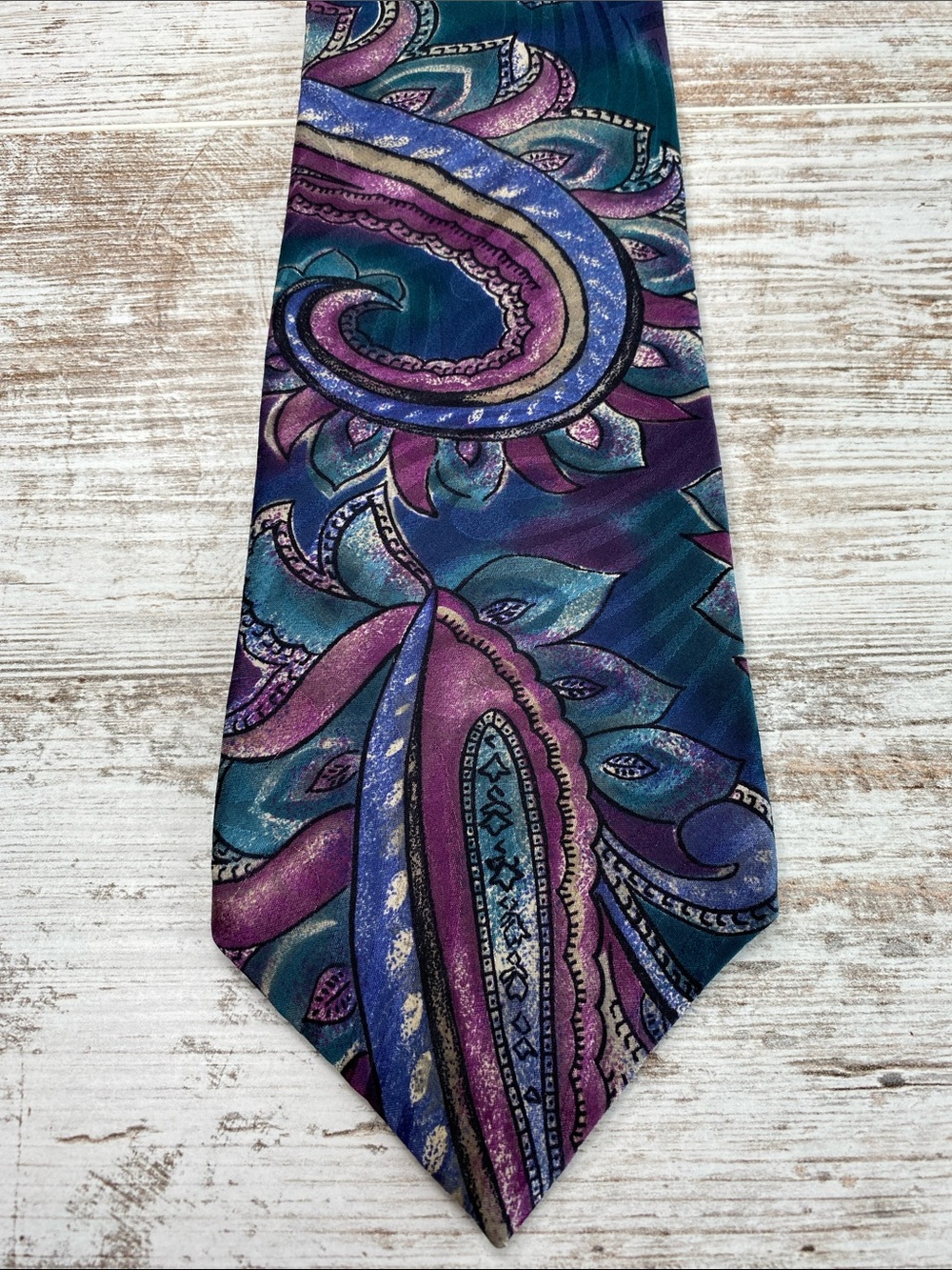Vintage Wembley Silk Tie Purple Blue Paisley Abstract Wide Necktie 90s USA